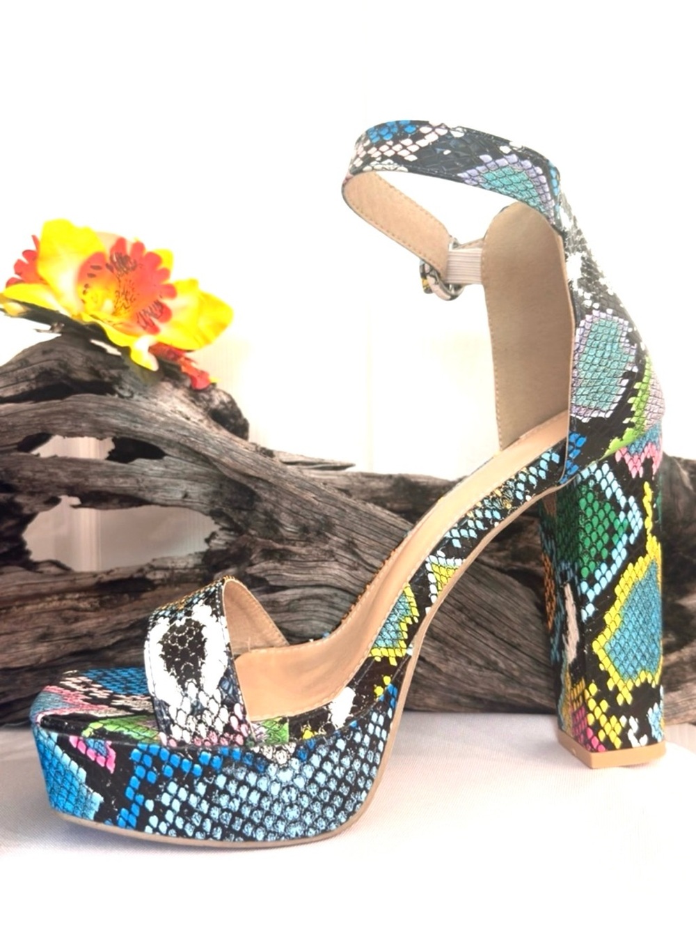 FASHION SHOE ~ Multi-Color Snakeskin Print Open Toe Platform Ankle-Strap Heels